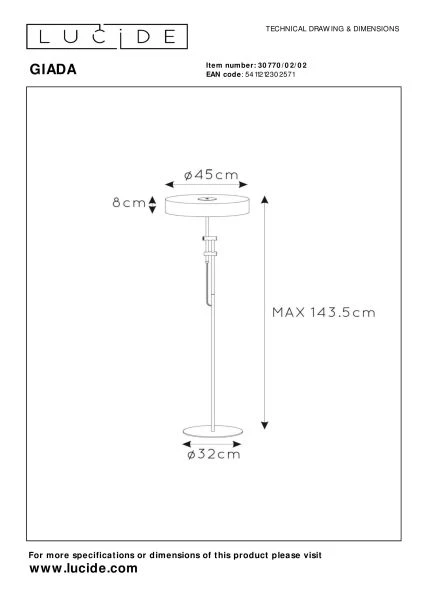 Lucide GIADA - Lampadaire - Ø 45 cm - 2xE27 - Or Mat / Laiton - technique